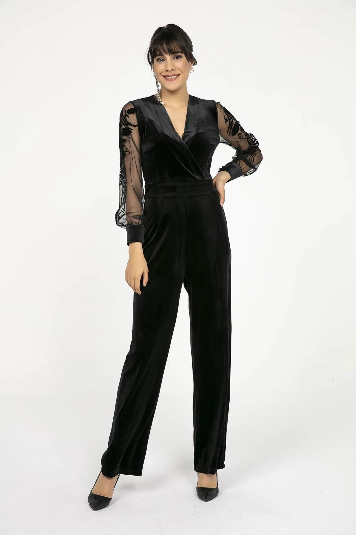 16185 Black Tulle Sleeve Velvet Jumpsuit