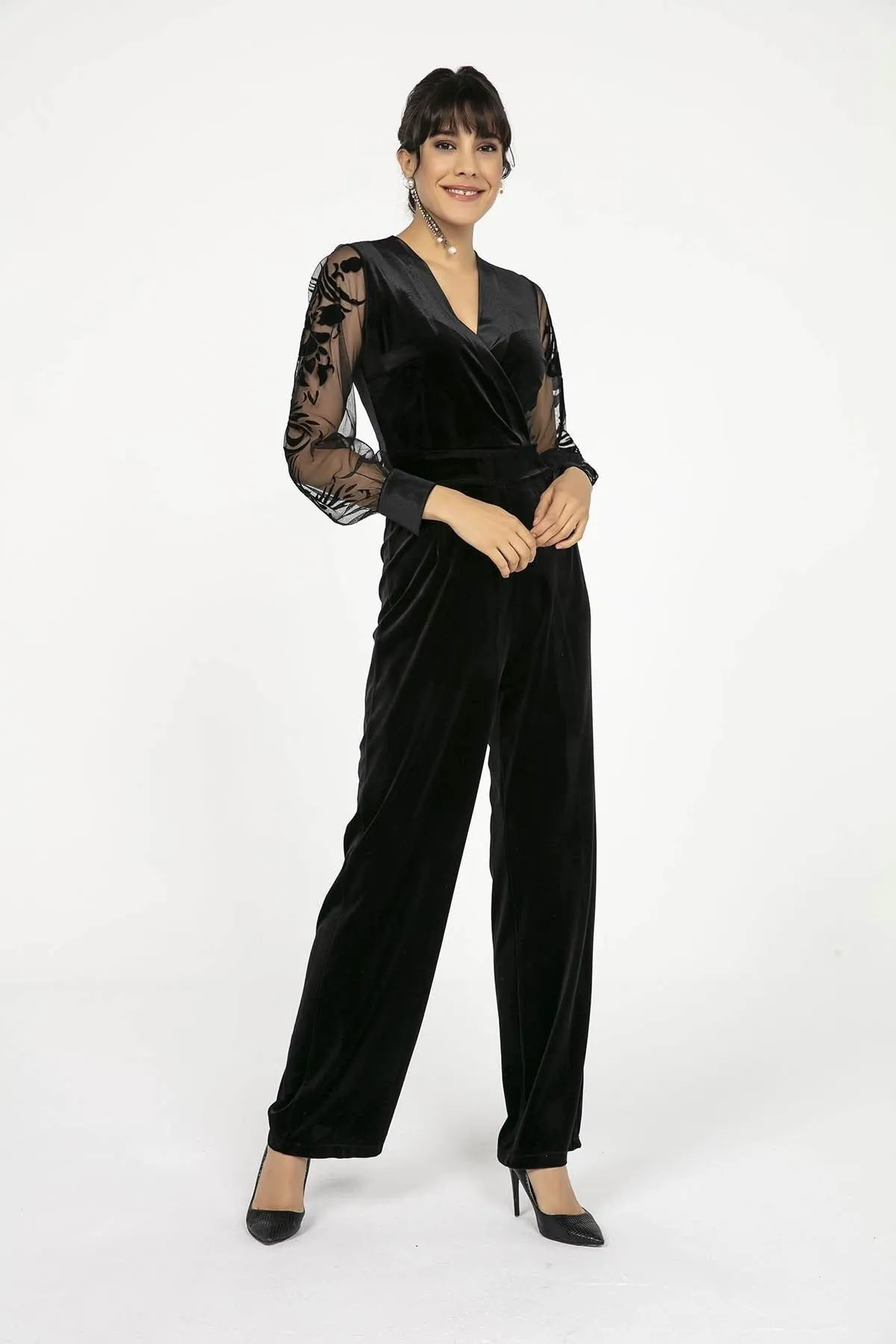 16185 Black Tulle Sleeve Velvet Jumpsuit