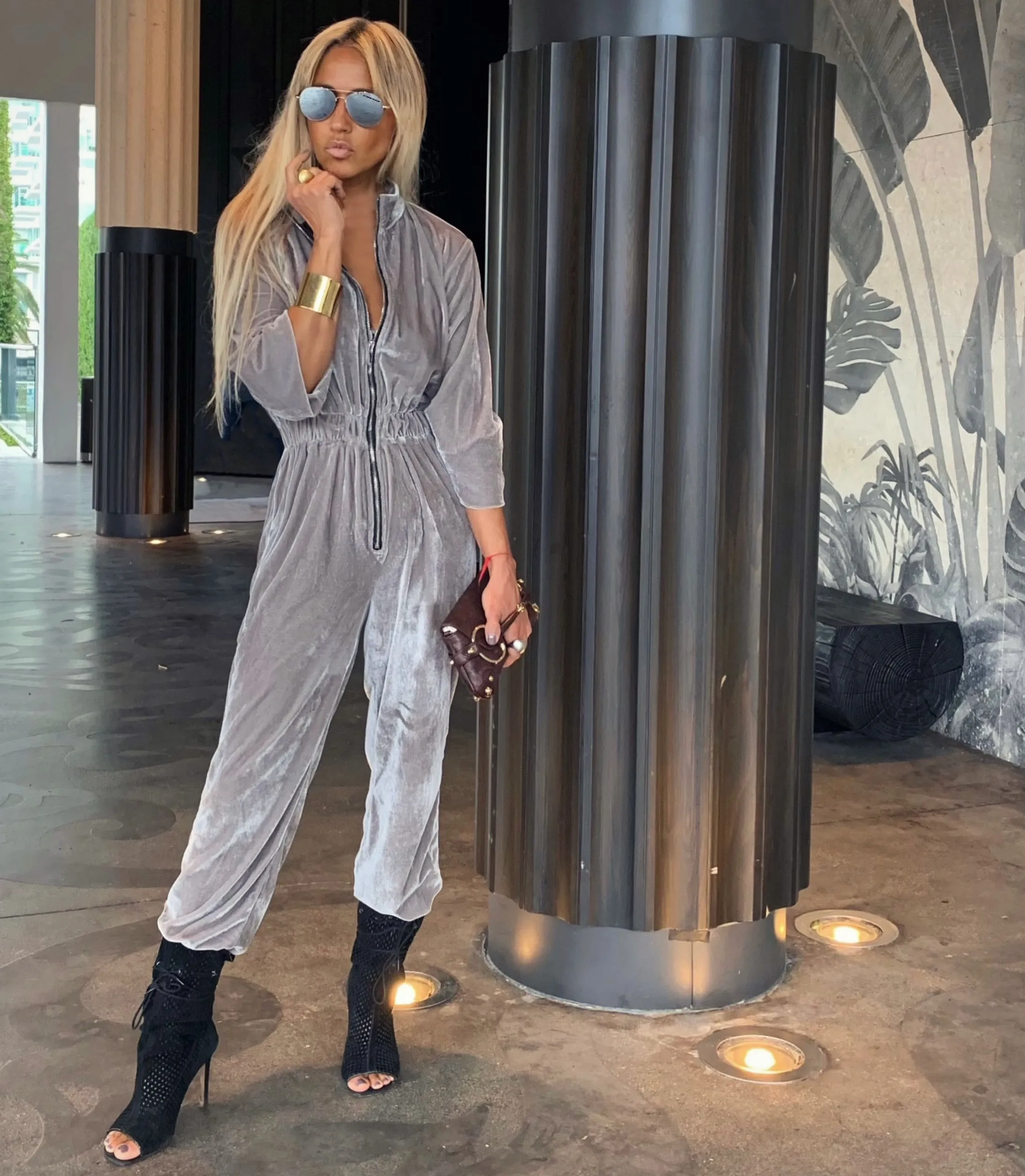 83 Steel Gray Velour One Piece Jog Suit - The Manhattan