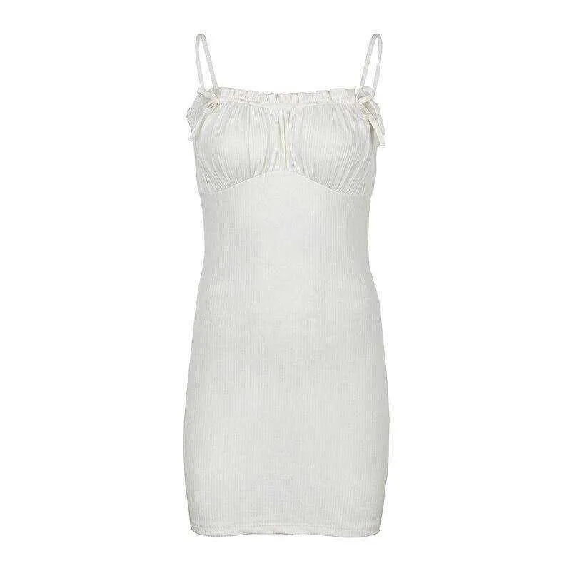 Aesthetic White Mini Dress Spaghetti Strap Bow Ruched