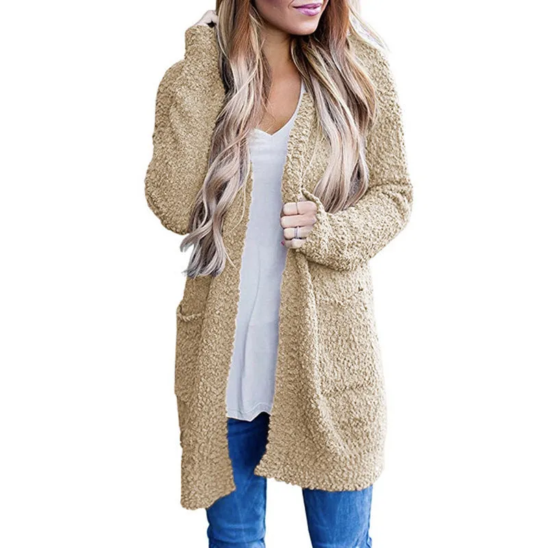Aiertu long sweater dress outfit Autumn and Winter Knitwear Solid Color Fleece Double Pocket Cardigan Sweater
