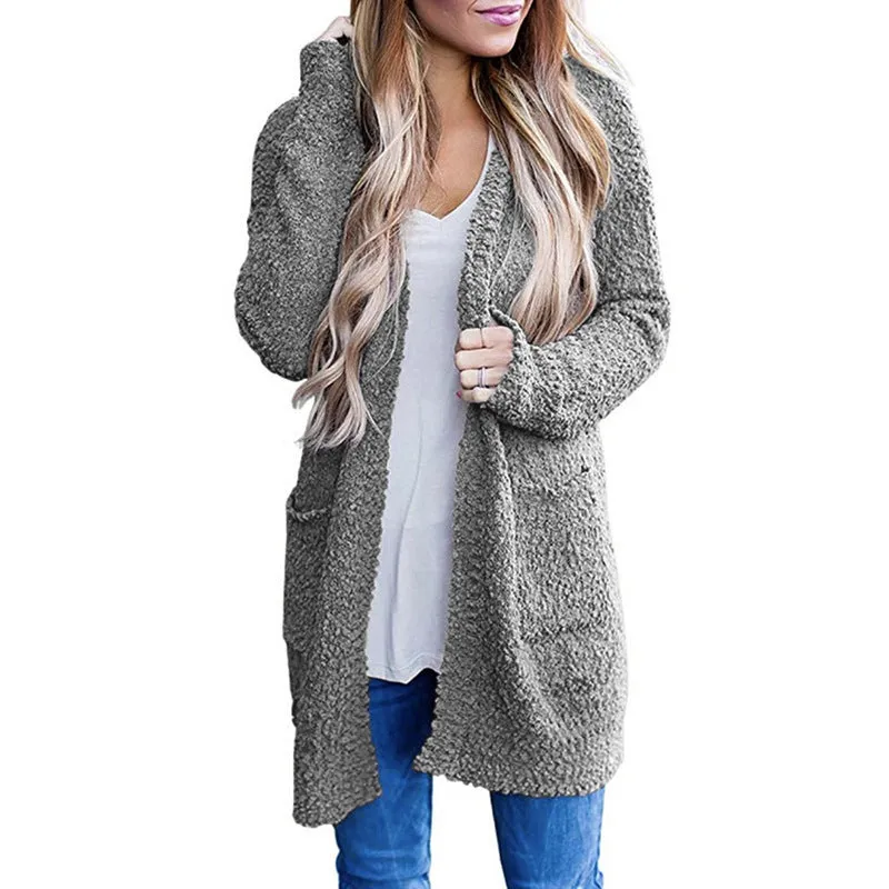 Aiertu long sweater dress outfit Autumn and Winter Knitwear Solid Color Fleece Double Pocket Cardigan Sweater