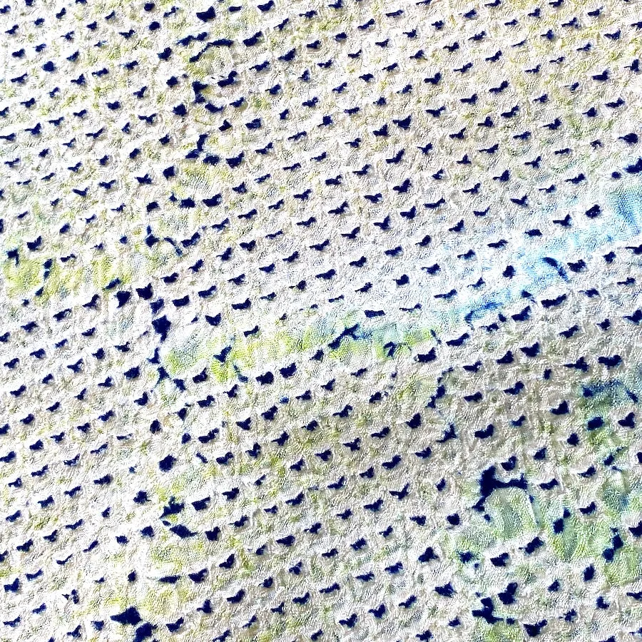 All-Shibori Vintage Kimono Silk Piece, Lime/Off-White/Indigo, from Japan, 14" x 38"  Item #239