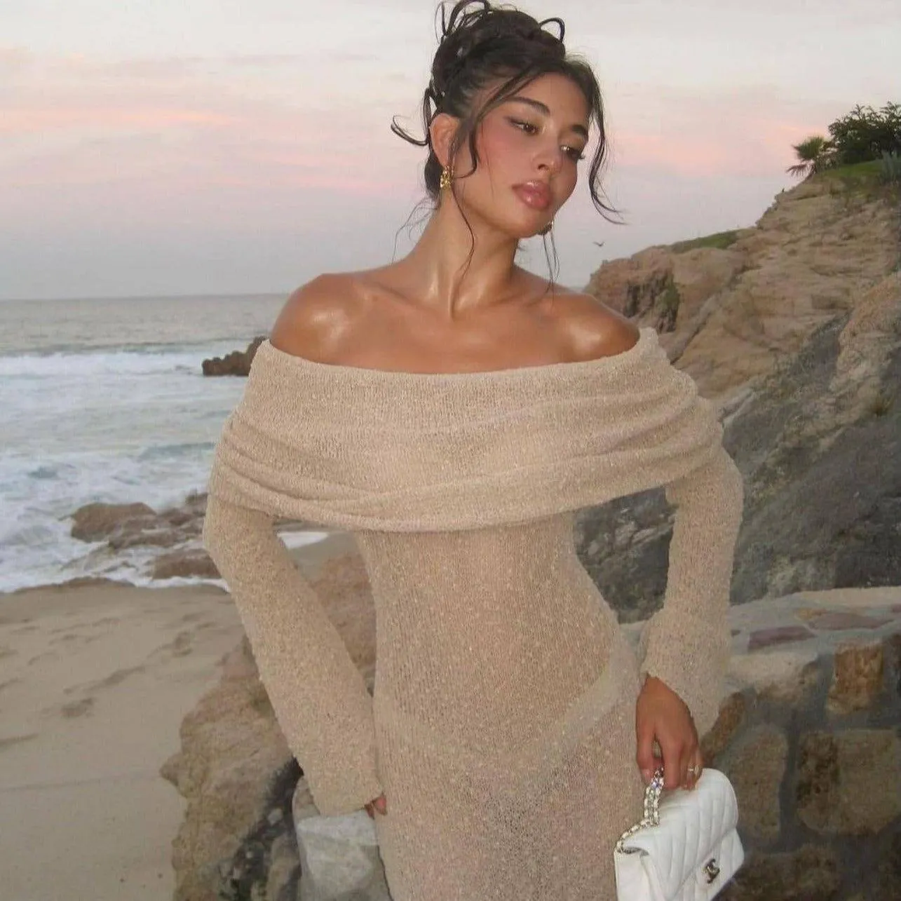 Anika Dress - Elegantes Bodycon-Strickkleid mit Off-Shoulder-Design