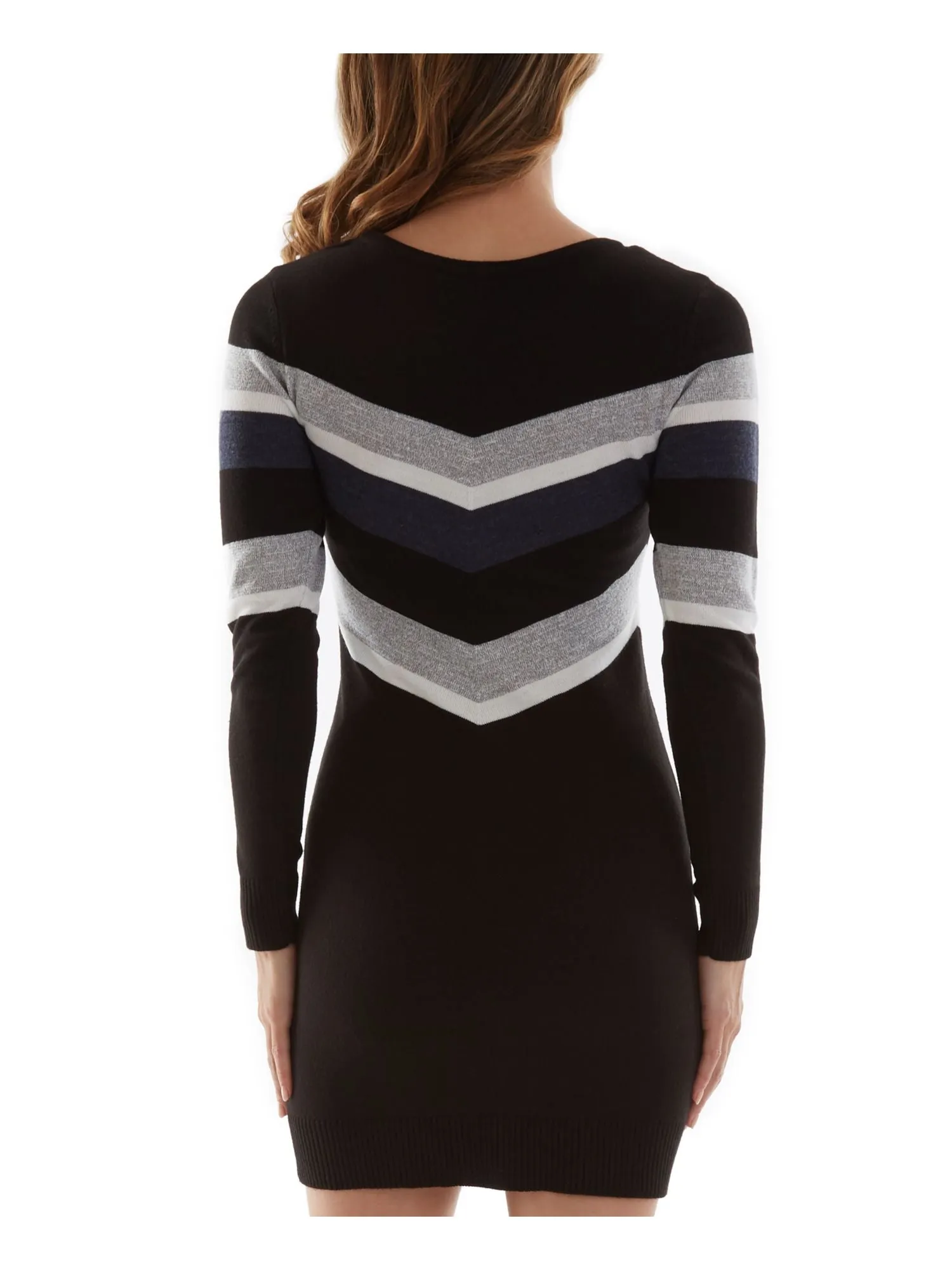 BCX DRESS Womens Black Stretch Ribbed Metallic Color Block Long Sleeve Crew Neck Short Sweater Dress