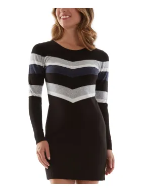 BCX DRESS Womens Black Stretch Ribbed Metallic Color Block Long Sleeve Crew Neck Short Sweater Dress
