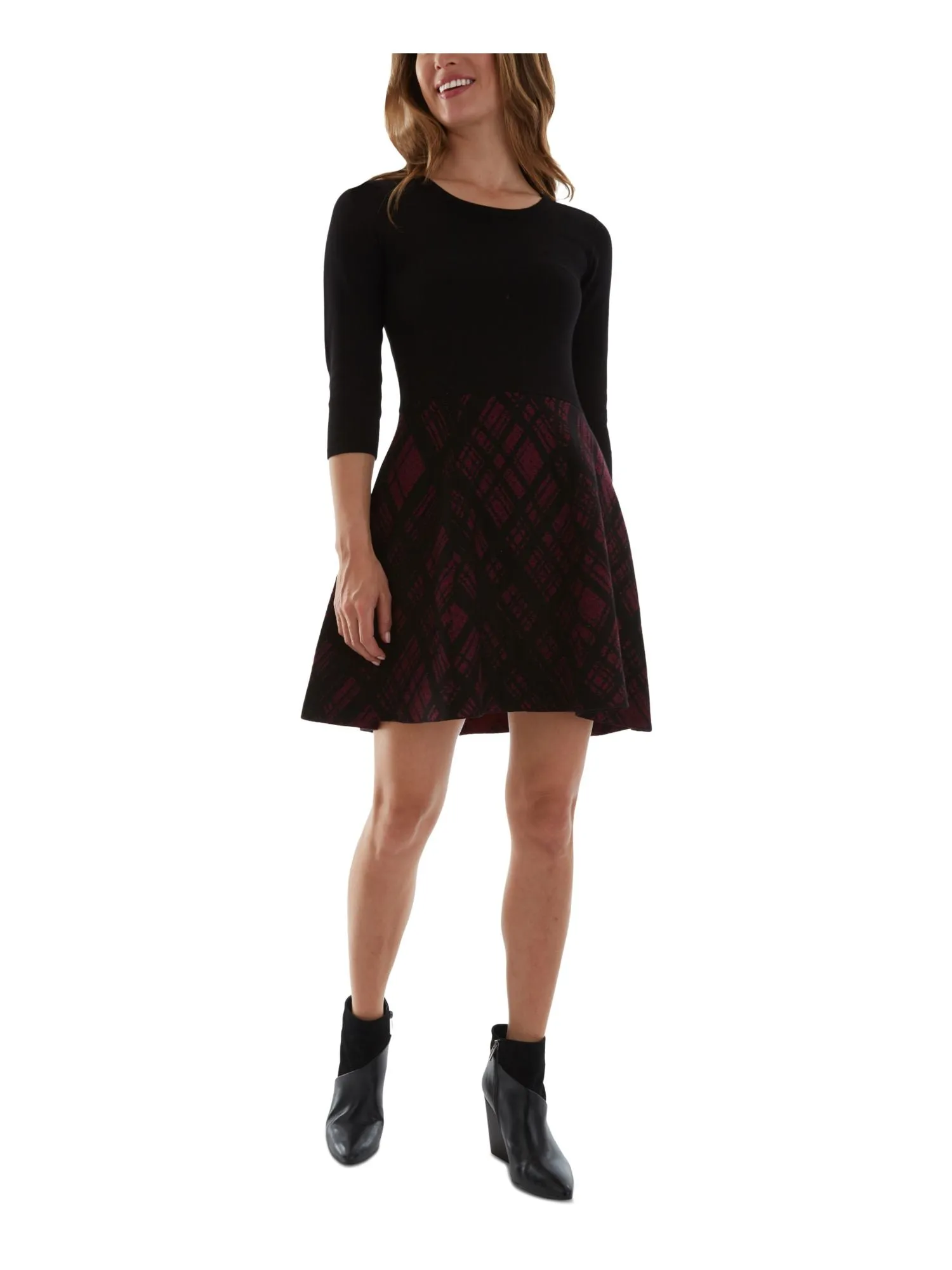 BCX Womens Black Knit 3/4 Sleeve Round Neck Above The Knee Party Sweater Dress