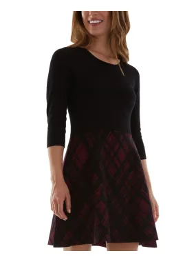 BCX Womens Black Knit 3/4 Sleeve Round Neck Above The Knee Party Sweater Dress