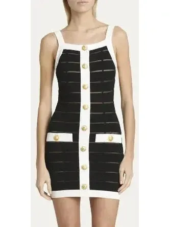 Black and White Sheer Panel Buttoned Tank Mini Dress