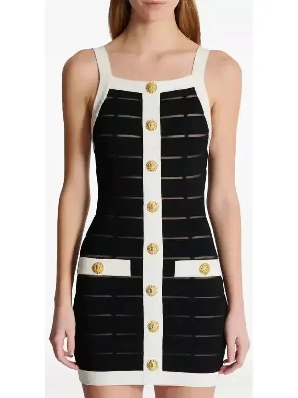 Black and White Sheer Panel Buttoned Tank Mini Dress