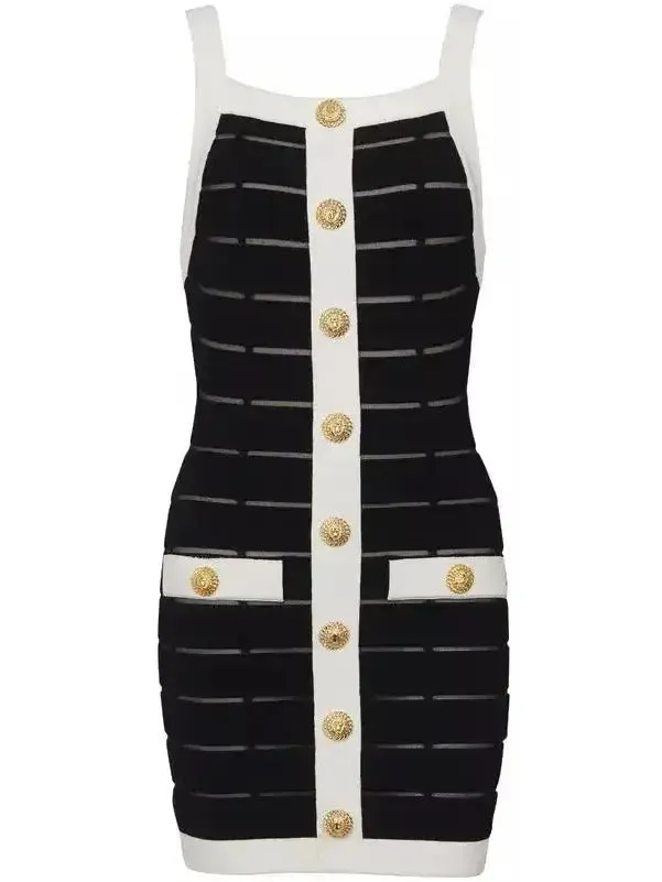 Black and White Sheer Panel Buttoned Tank Mini Dress
