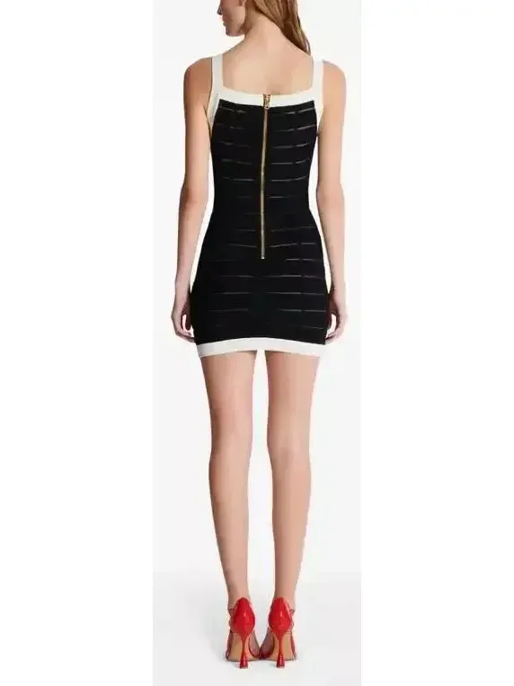 Black and White Sheer Panel Buttoned Tank Mini Dress