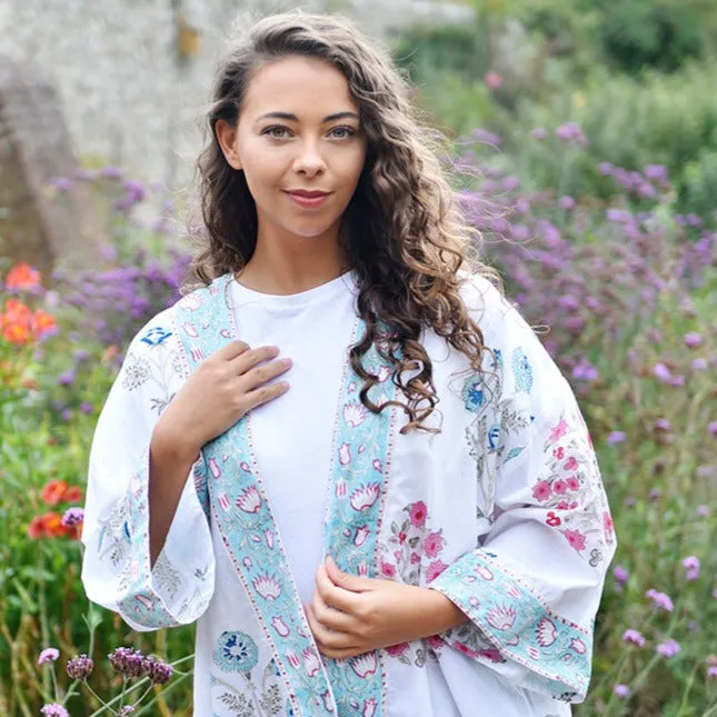 Blue & Pink Floral Block Print Summer Jacket