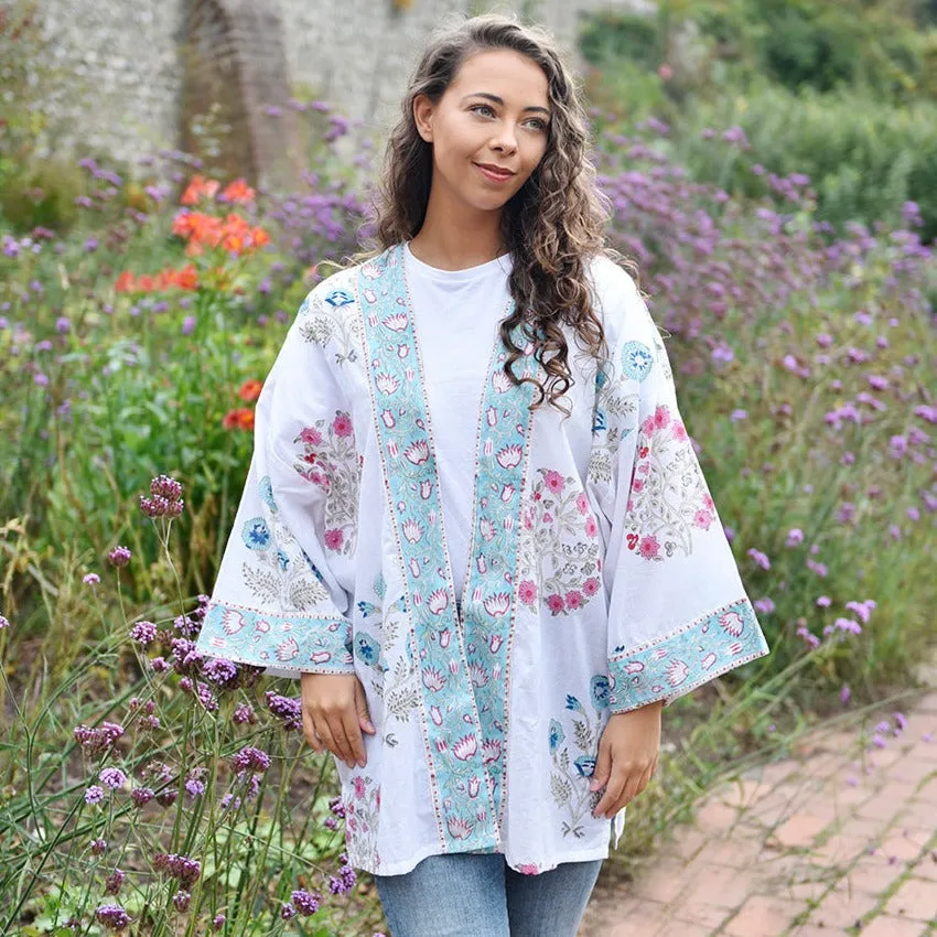 Blue & Pink Floral Block Print Summer Jacket