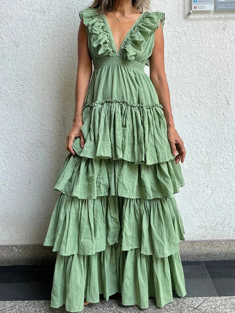 Boho Festival Green Ruffle Layered Dress