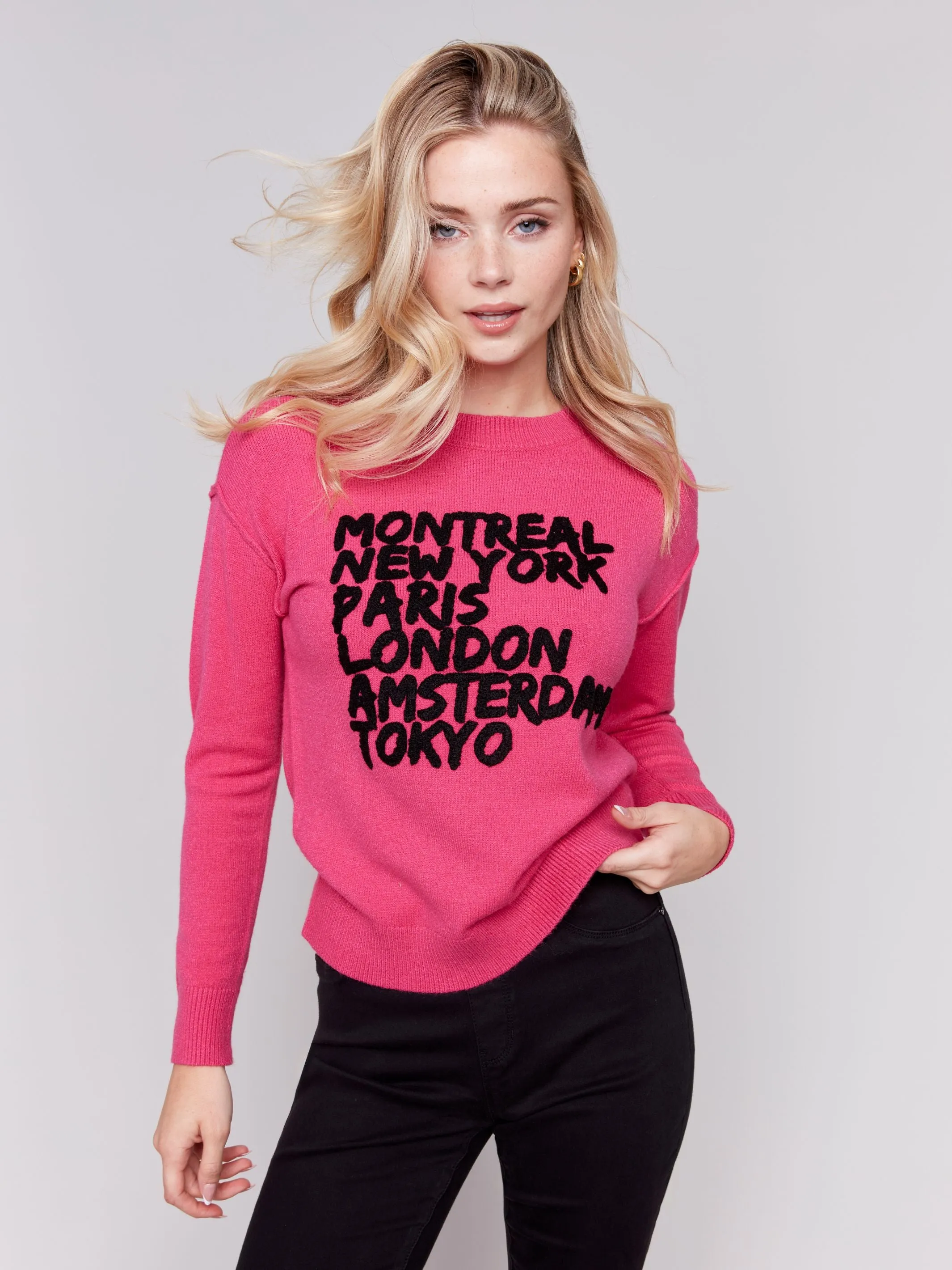 Charlie B- Magenta Cities Boucle Sweater