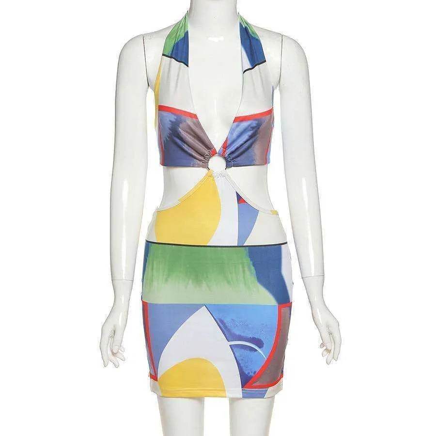 Club Wild Contrast Hollow Out Low-Cut Halter Bodycon Patchwork Woman Dresses