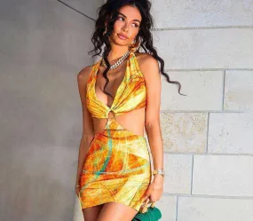 Club Wild Contrast Hollow Out Low-Cut Halter Bodycon Patchwork Woman Dresses