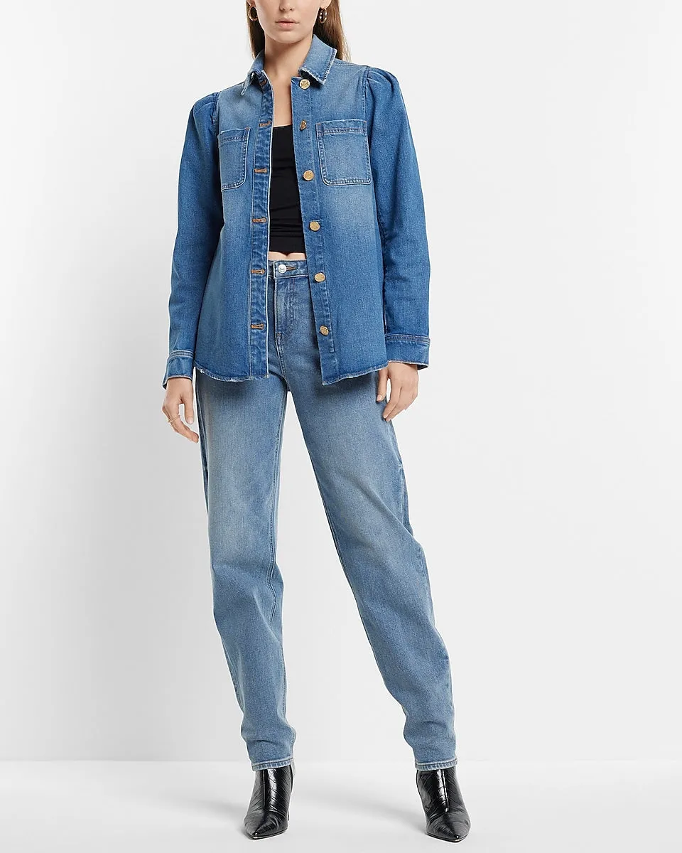 Denim Puff Sleeve Shacket in Dark Wash