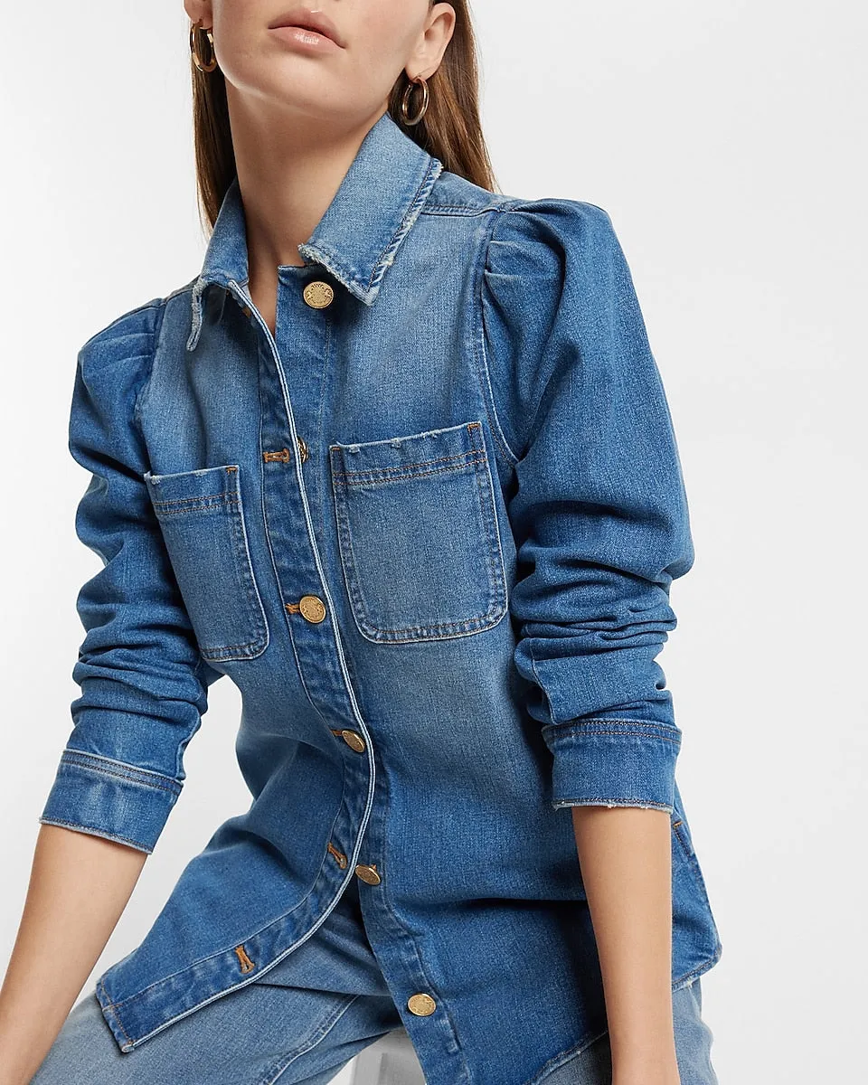 Denim Puff Sleeve Shacket in Dark Wash