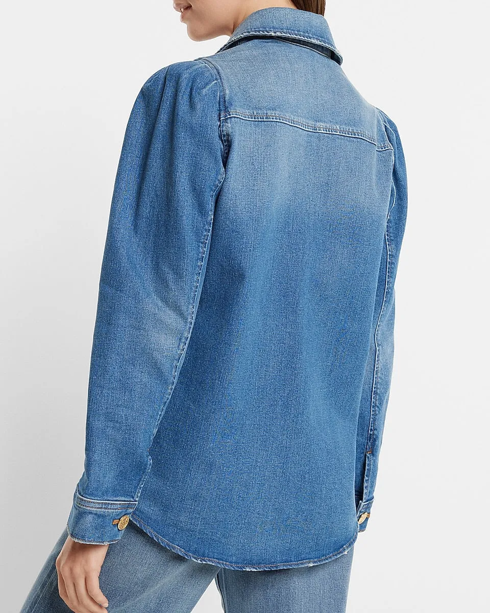 Denim Puff Sleeve Shacket in Dark Wash