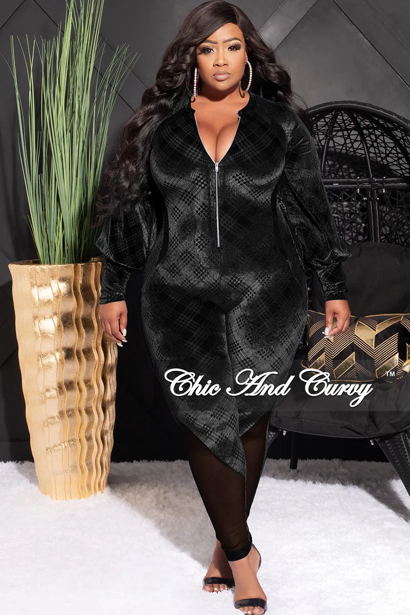 Final Sale Plus Size Velvet Mesh Contrast Zip-Up Jumpsuit in Black