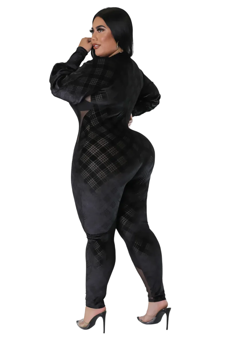 Final Sale Plus Size Velvet Mesh Contrast Zip-Up Jumpsuit in Black