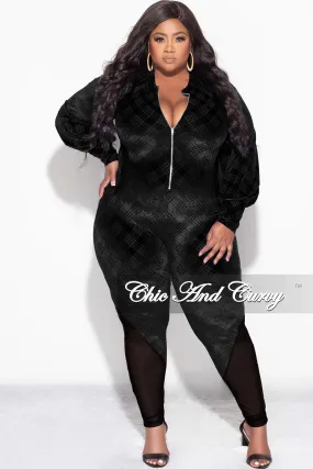 Final Sale Plus Size Velvet Mesh Contrast Zip-Up Jumpsuit in Black