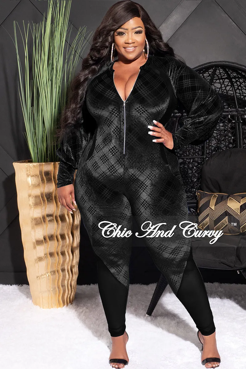 Final Sale Plus Size Velvet Mesh Contrast Zip-Up Jumpsuit in Black