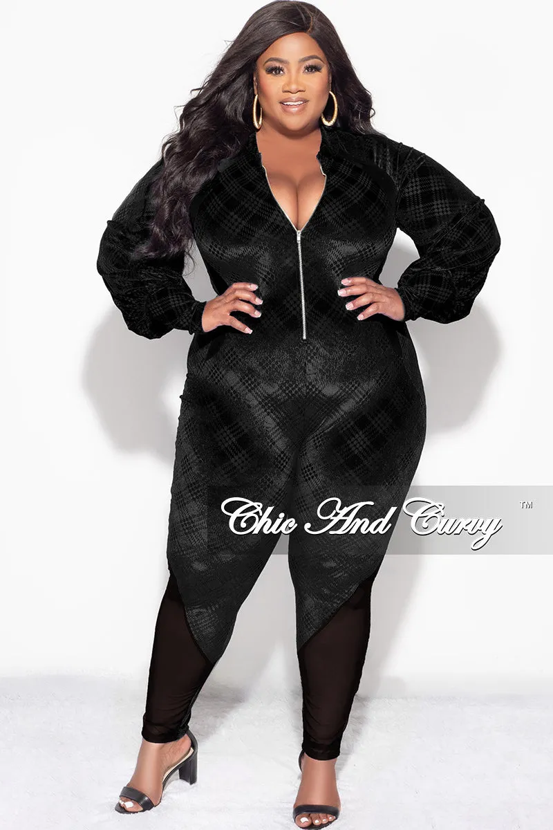 Final Sale Plus Size Velvet Mesh Contrast Zip-Up Jumpsuit in Black