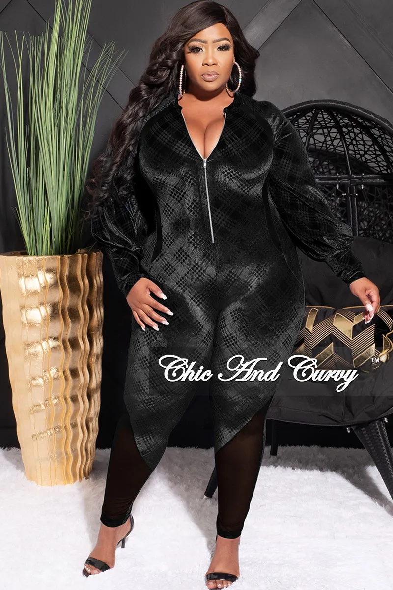 Final Sale Plus Size Velvet Mesh Contrast Zip-Up Jumpsuit in Black