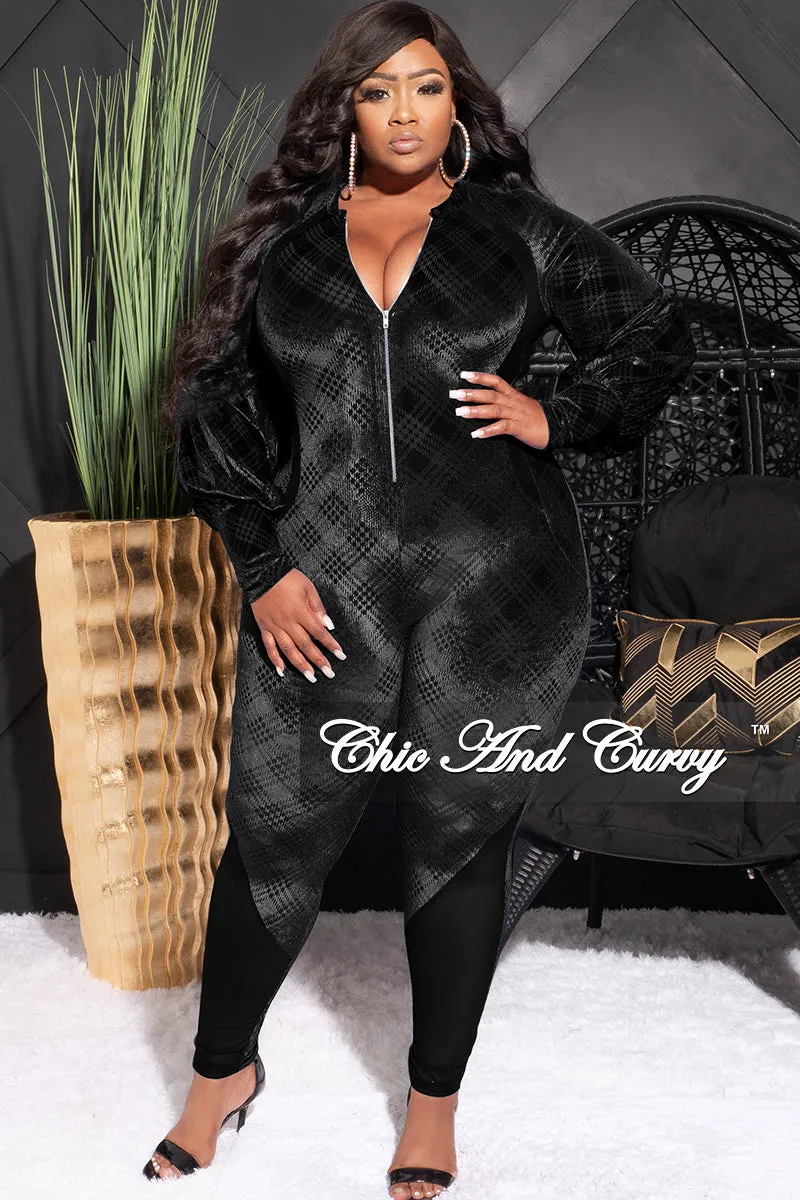 Final Sale Plus Size Velvet Mesh Contrast Zip-Up Jumpsuit in Black