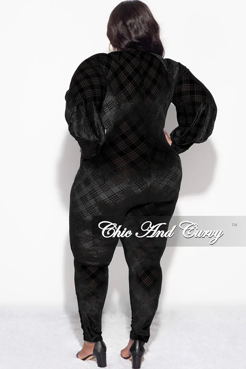 Final Sale Plus Size Velvet Mesh Contrast Zip-Up Jumpsuit in Black