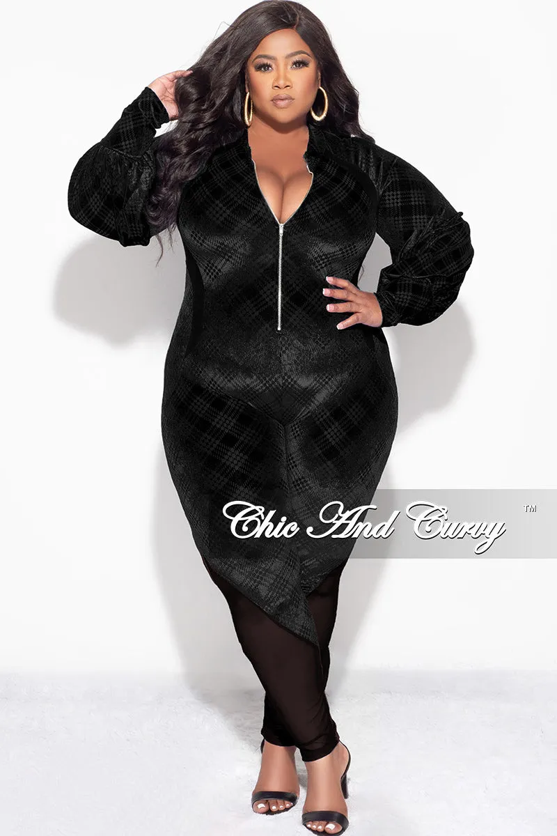 Final Sale Plus Size Velvet Mesh Contrast Zip-Up Jumpsuit in Black
