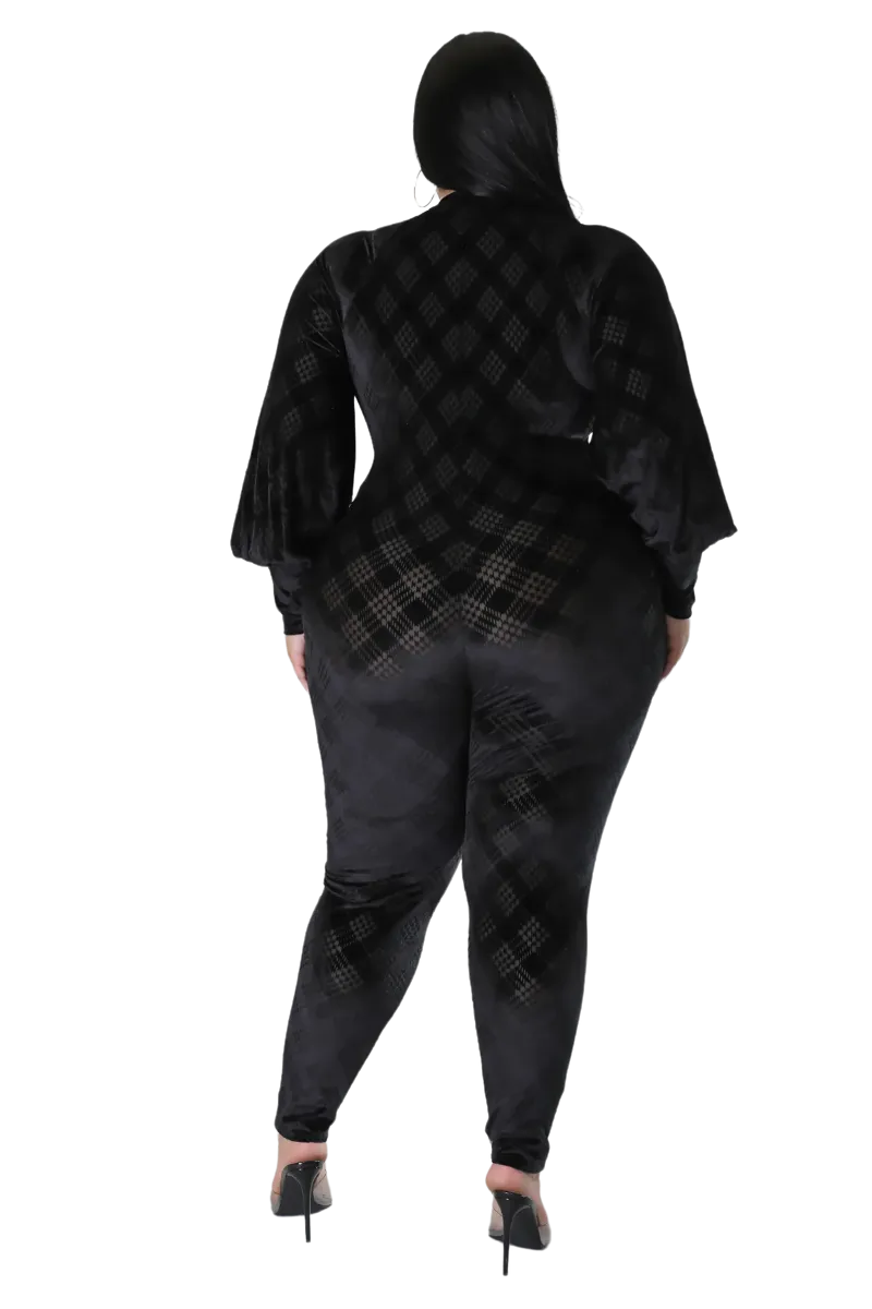 Final Sale Plus Size Velvet Mesh Contrast Zip-Up Jumpsuit in Black