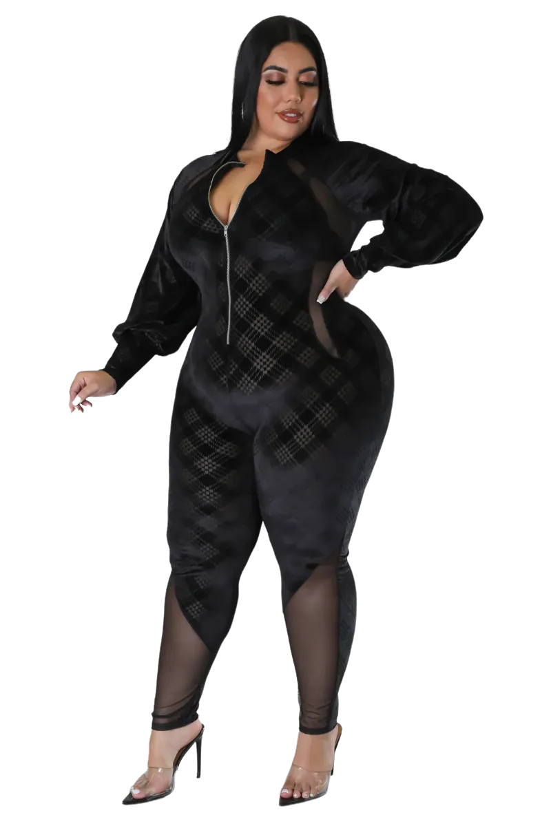 Final Sale Plus Size Velvet Mesh Contrast Zip-Up Jumpsuit in Black