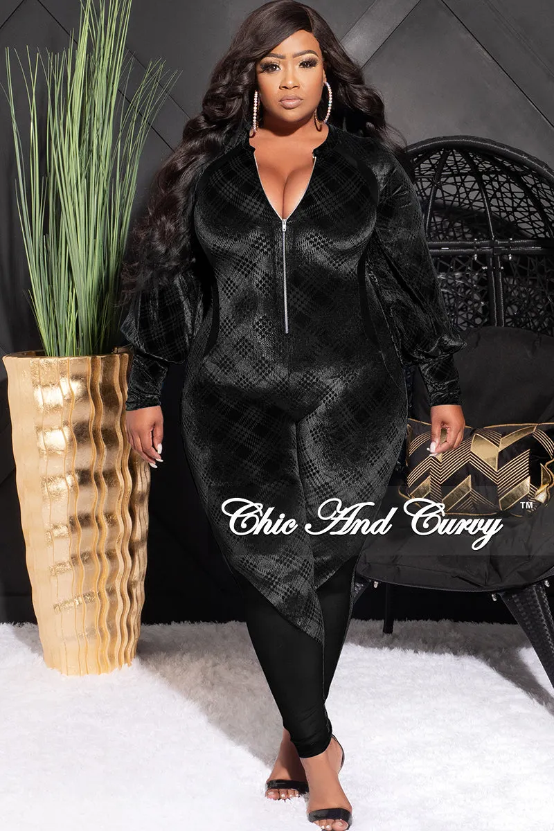 Final Sale Plus Size Velvet Mesh Contrast Zip-Up Jumpsuit in Black