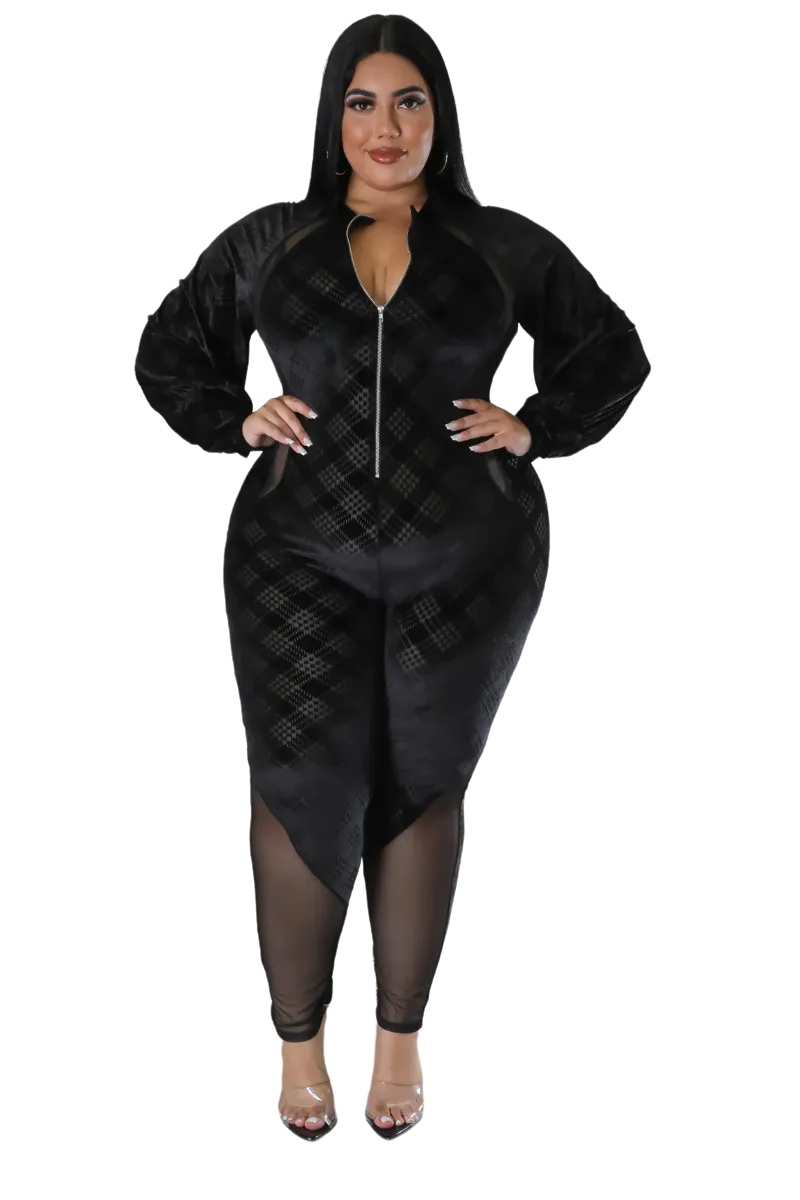 Final Sale Plus Size Velvet Mesh Contrast Zip-Up Jumpsuit in Black