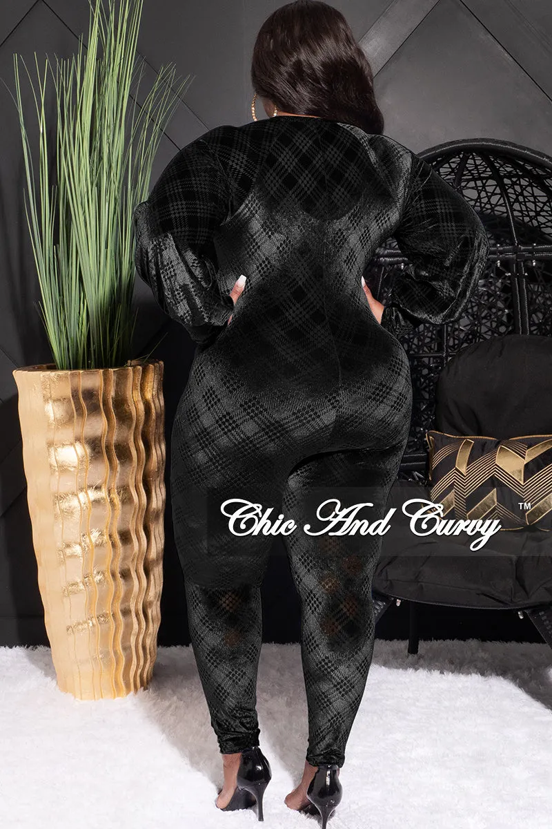 Final Sale Plus Size Velvet Mesh Contrast Zip-Up Jumpsuit in Black