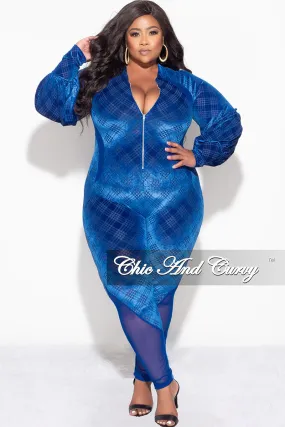 Final Sale Plus Size Velvet Mesh Contrast Zip-Up Jumpsuit in Royal Blue