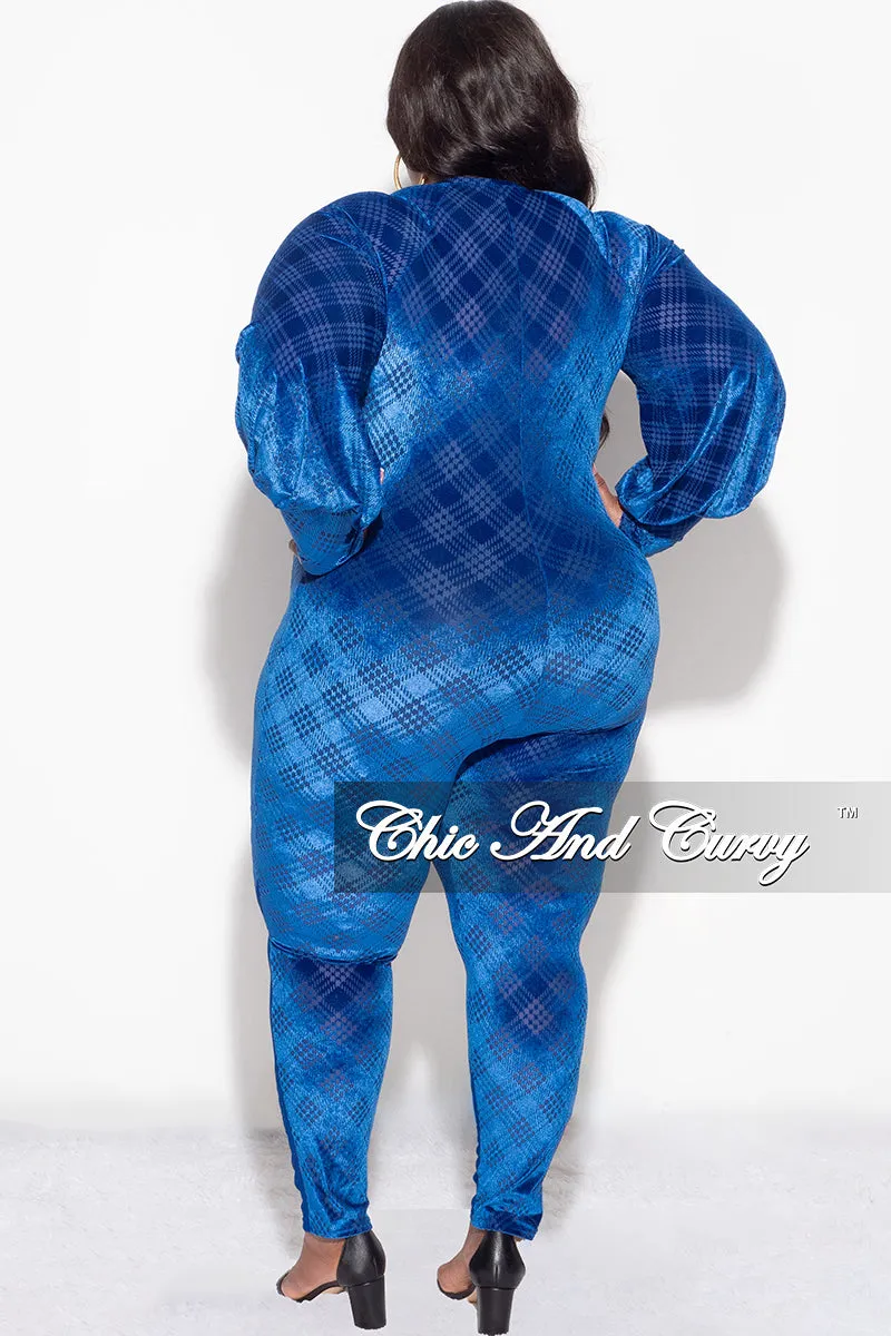 Final Sale Plus Size Velvet Mesh Contrast Zip-Up Jumpsuit in Royal Blue