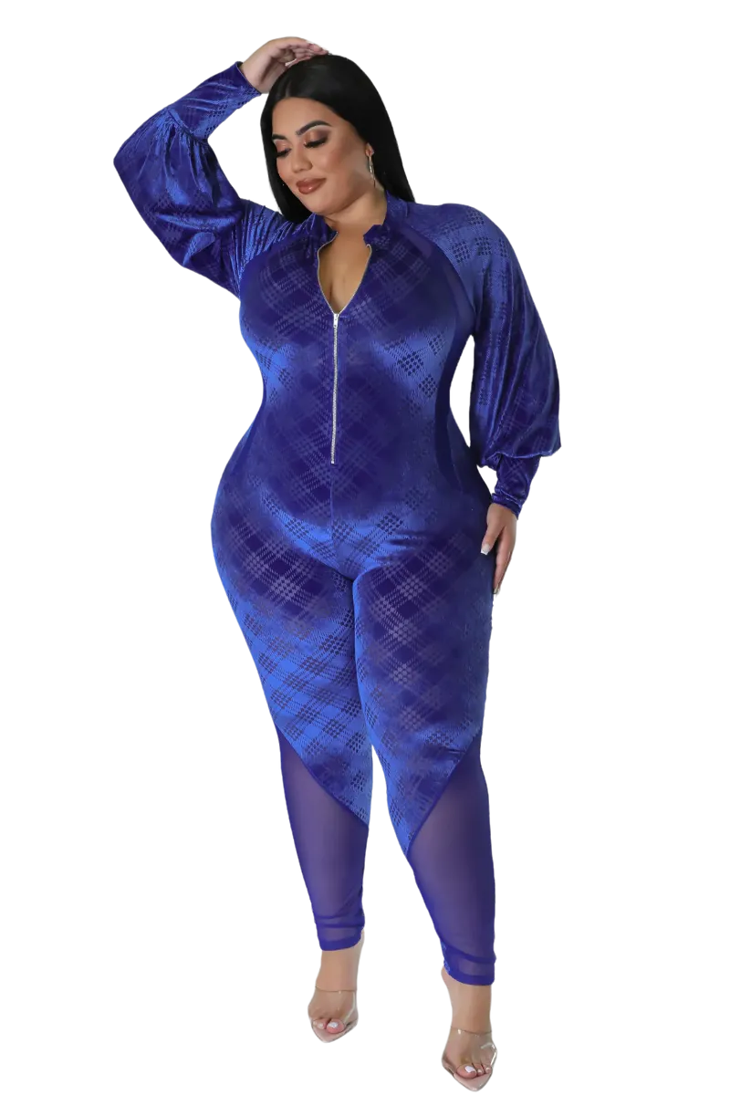 Final Sale Plus Size Velvet Mesh Contrast Zip-Up Jumpsuit in Royal Blue