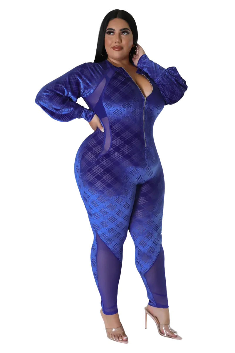 Final Sale Plus Size Velvet Mesh Contrast Zip-Up Jumpsuit in Royal Blue