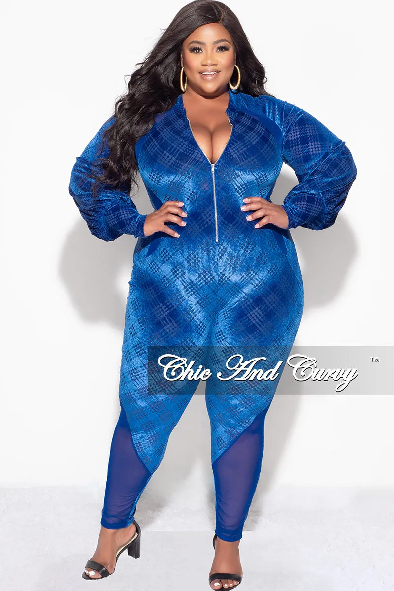 Final Sale Plus Size Velvet Mesh Contrast Zip-Up Jumpsuit in Royal Blue
