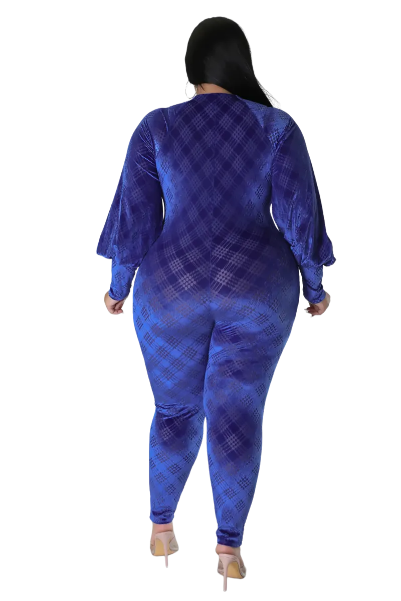 Final Sale Plus Size Velvet Mesh Contrast Zip-Up Jumpsuit in Royal Blue