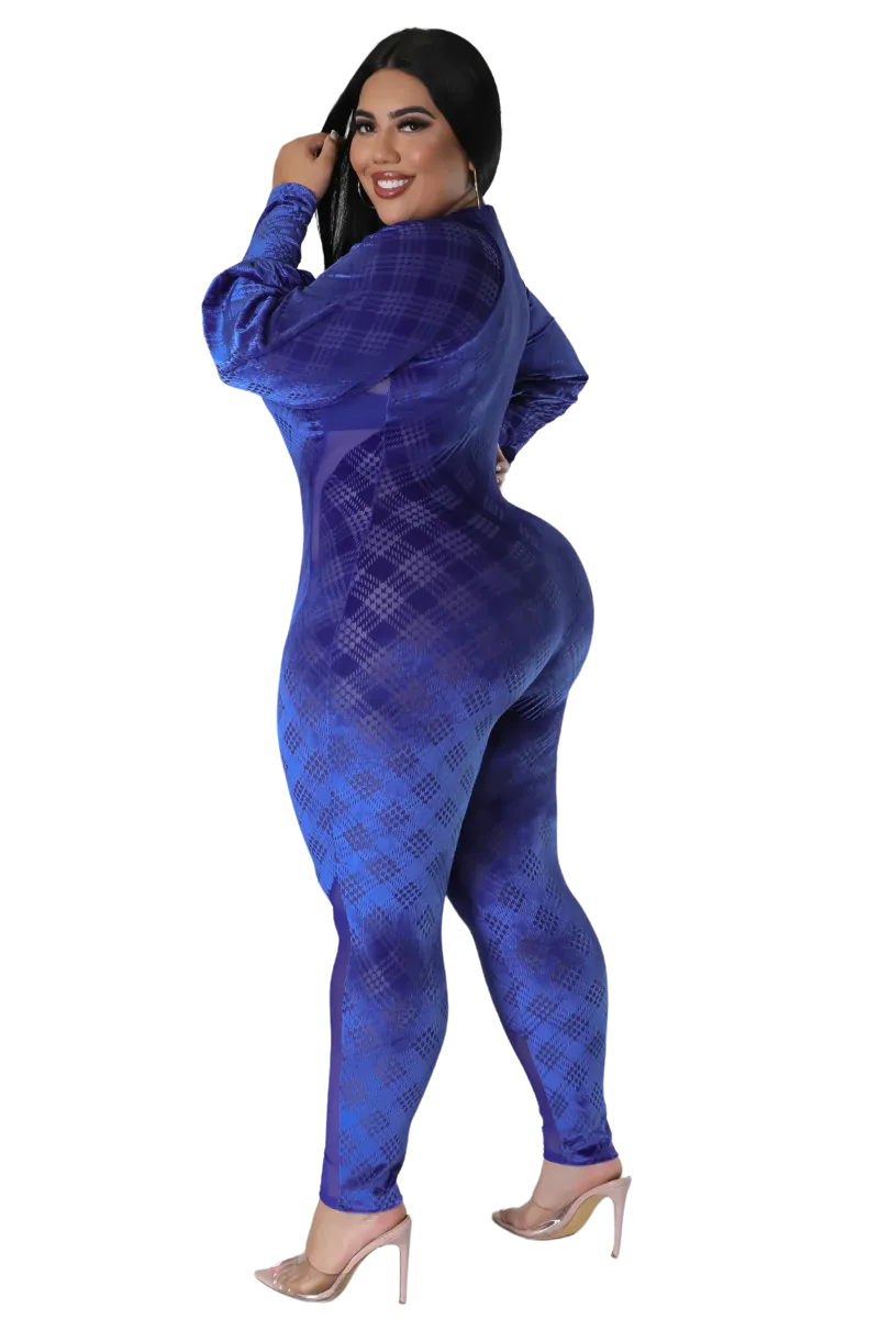 Final Sale Plus Size Velvet Mesh Contrast Zip-Up Jumpsuit in Royal Blue