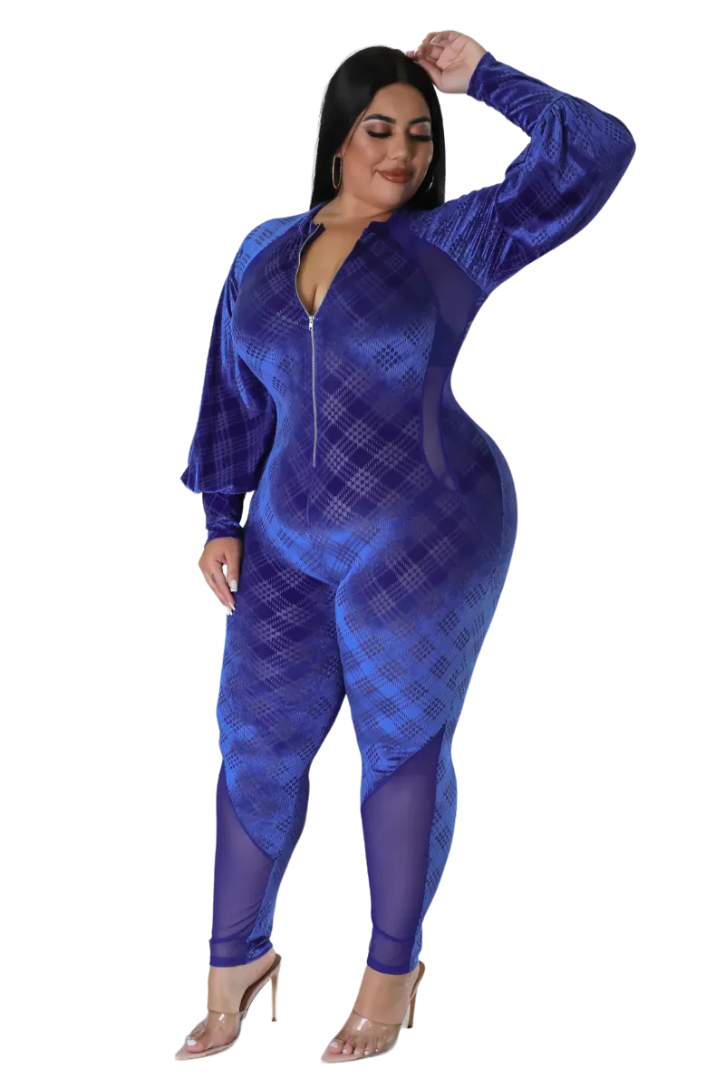 Final Sale Plus Size Velvet Mesh Contrast Zip-Up Jumpsuit in Royal Blue