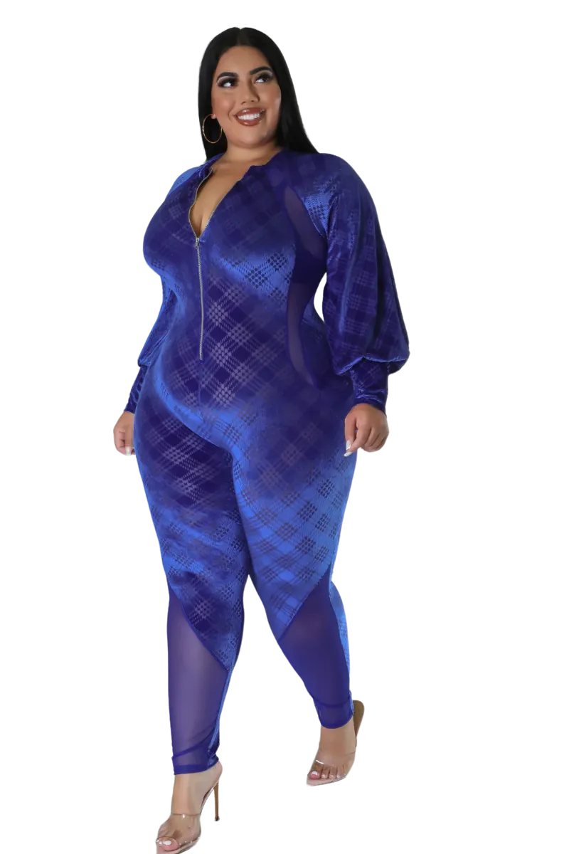 Final Sale Plus Size Velvet Mesh Contrast Zip-Up Jumpsuit in Royal Blue
