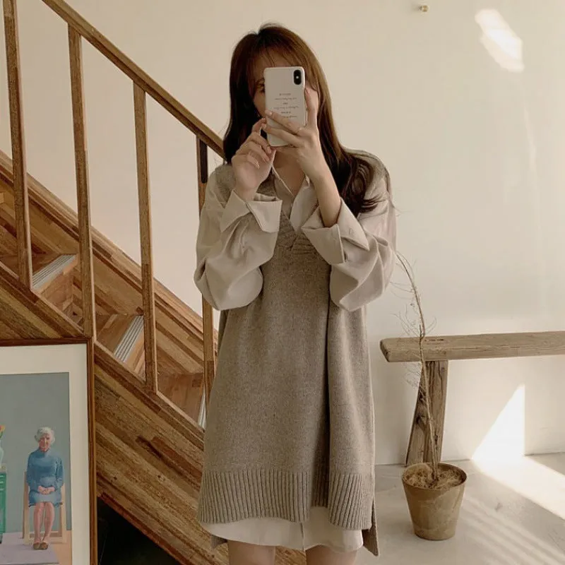 Flytonnshop fall outfits women Spring and Autumn Vintage Knitted Vest Sweater Polo Shirt Dress Women's Waist-Tight Temperament Two-Piece Set Suit