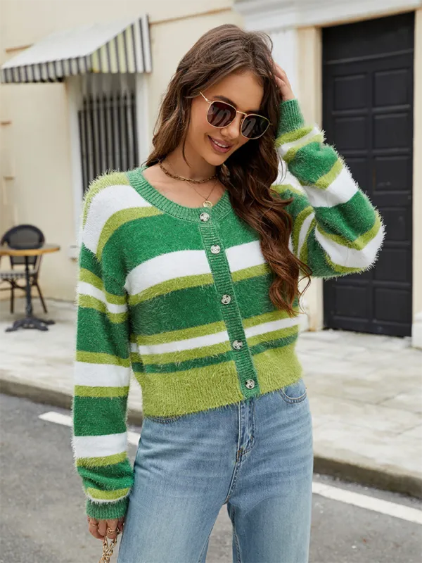 Fuzzy Bold Stiped Cropped Cardigan